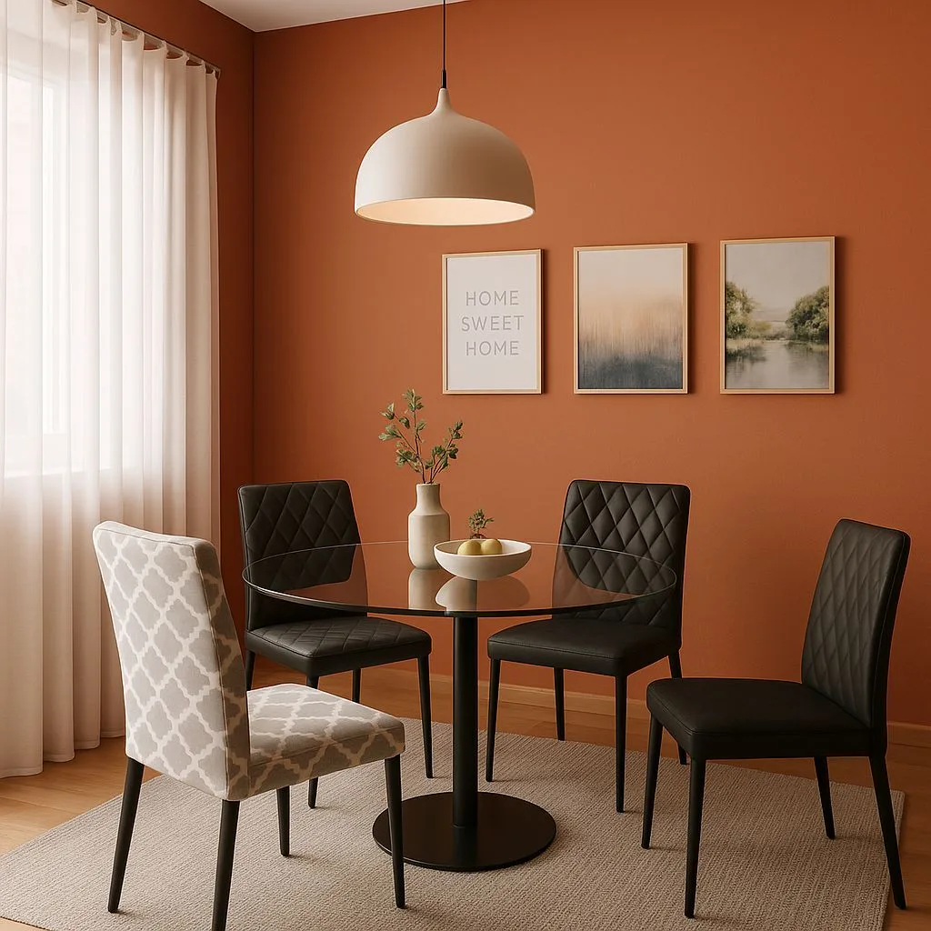 Contemporary dining room with terracotta walls, round glass table, black quilted chairs, patterned accent chair, white pendant light, photorealistic interior design photography, 8k