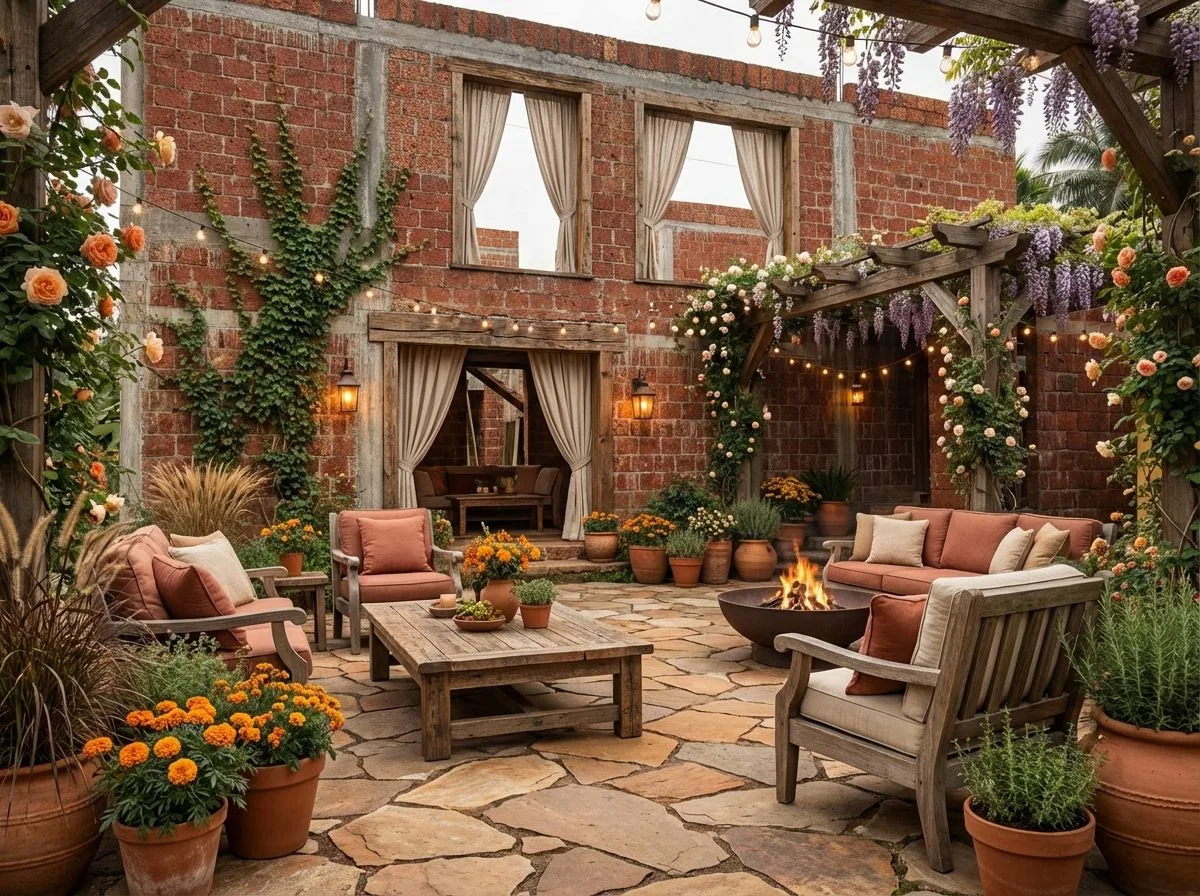 Rustic outdoor living room with terracotta brick walls, stone patio, wooden pergola, string lights, terracotta pots, coral cushions, photorealistic interior design photography, 8k