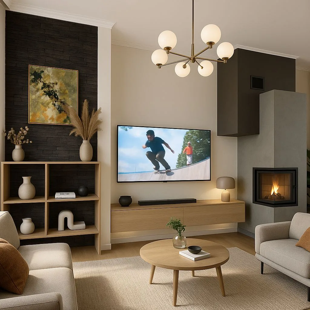 Contemporary living room with warm gray sofas, light wood shelving, round coffee table, black brick accent wall, brass chandelier, gray fireplace, photorealistic interior design photography, 8k