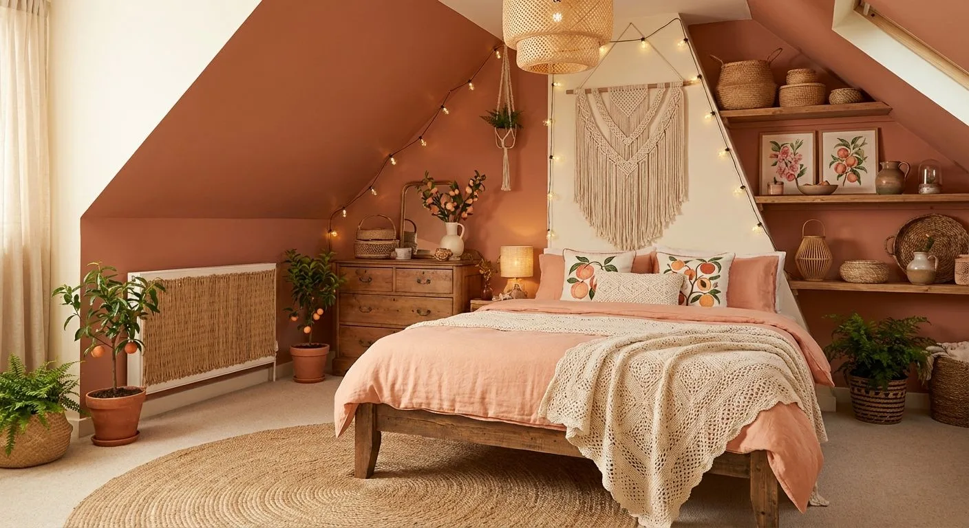 Bohemian attic bedroom with terracotta walls, wood bedframe, peach linen bedding, macrame wall hanging, jute rug, photorealistic interior design photography, 8k