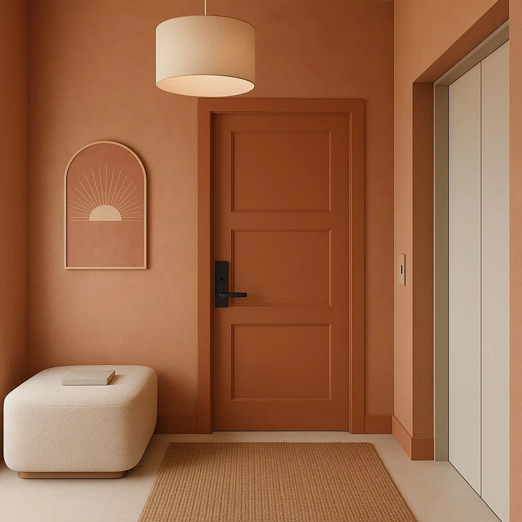 Minimalist entryway with terracotta walls, matching wood door, jute rug, cream ottoman, linen drum pendant, photorealistic interior design photography, 8k