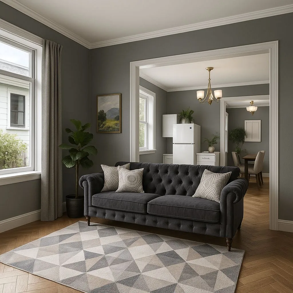 Transitional living room with charcoal tufted sofa, geometric rug, light wood floors, warm grey walls, brass chandelier, photorealistic interior design photography, 8k