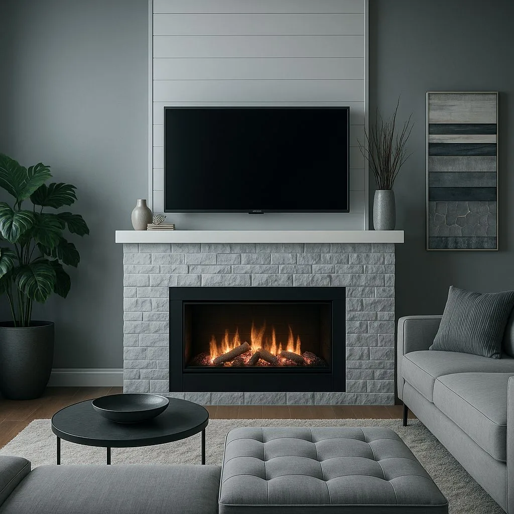 Modern gray living room with brick fireplace, flat screen TV, gray sectional sofa, round black table, gray walls, photorealistic interior design photography, 8k