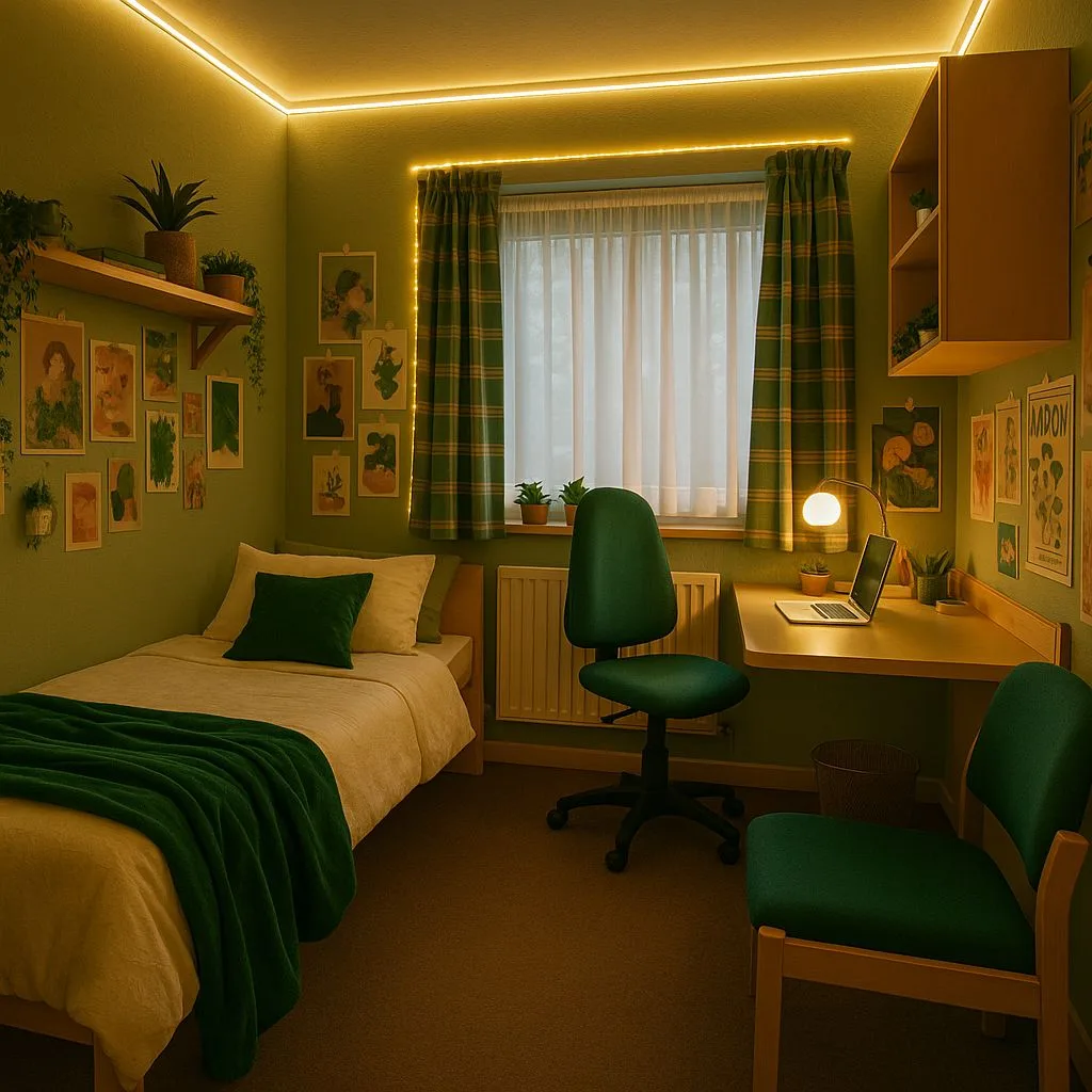 Eclectic lime green bedroom with twin bed, wood desk, green office chairs, gallery wall, botanical prints, LED strip lighting, photorealistic interior design photography, 8k