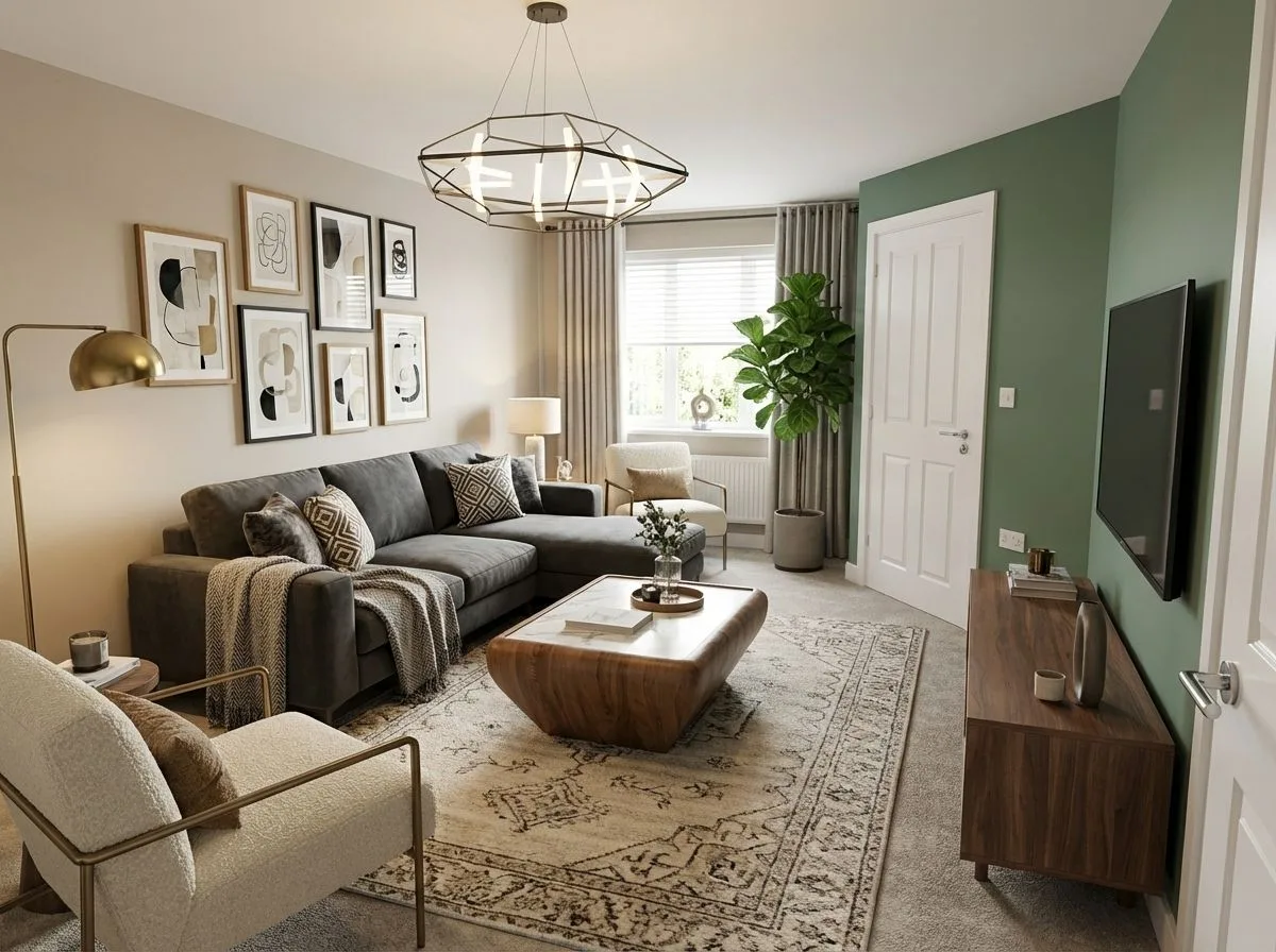 Transitional living room with charcoal gray sectional sofa, patterned area rug, wood coffee table, brass floor lamp, gallery wall, photorealistic interior design photography, 8k
