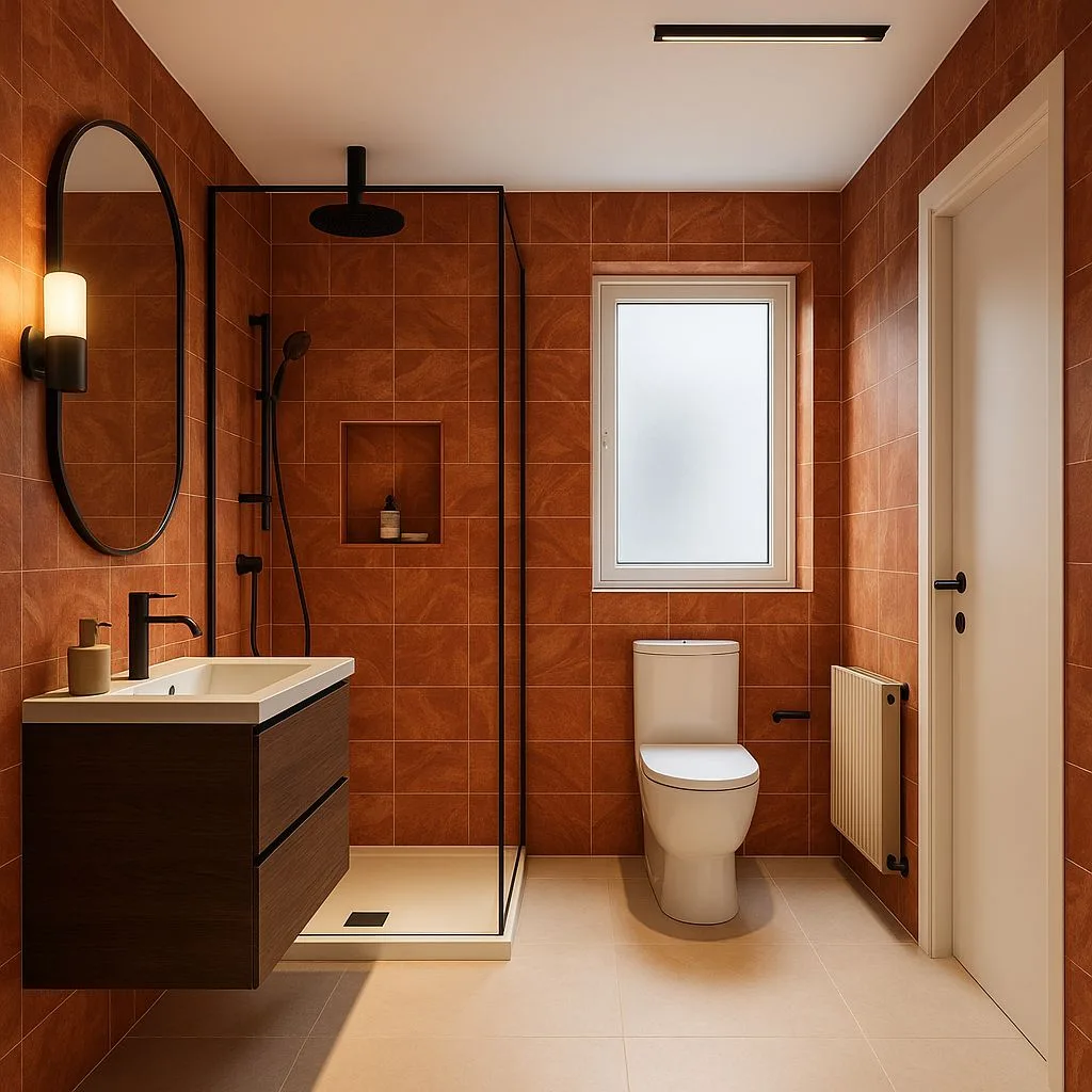 Modern bathroom with terracotta square tile walls, dark wood floating vanity, black metal shower frame, white toilet, beige floor tiles, photorealistic interior design photography, 8k