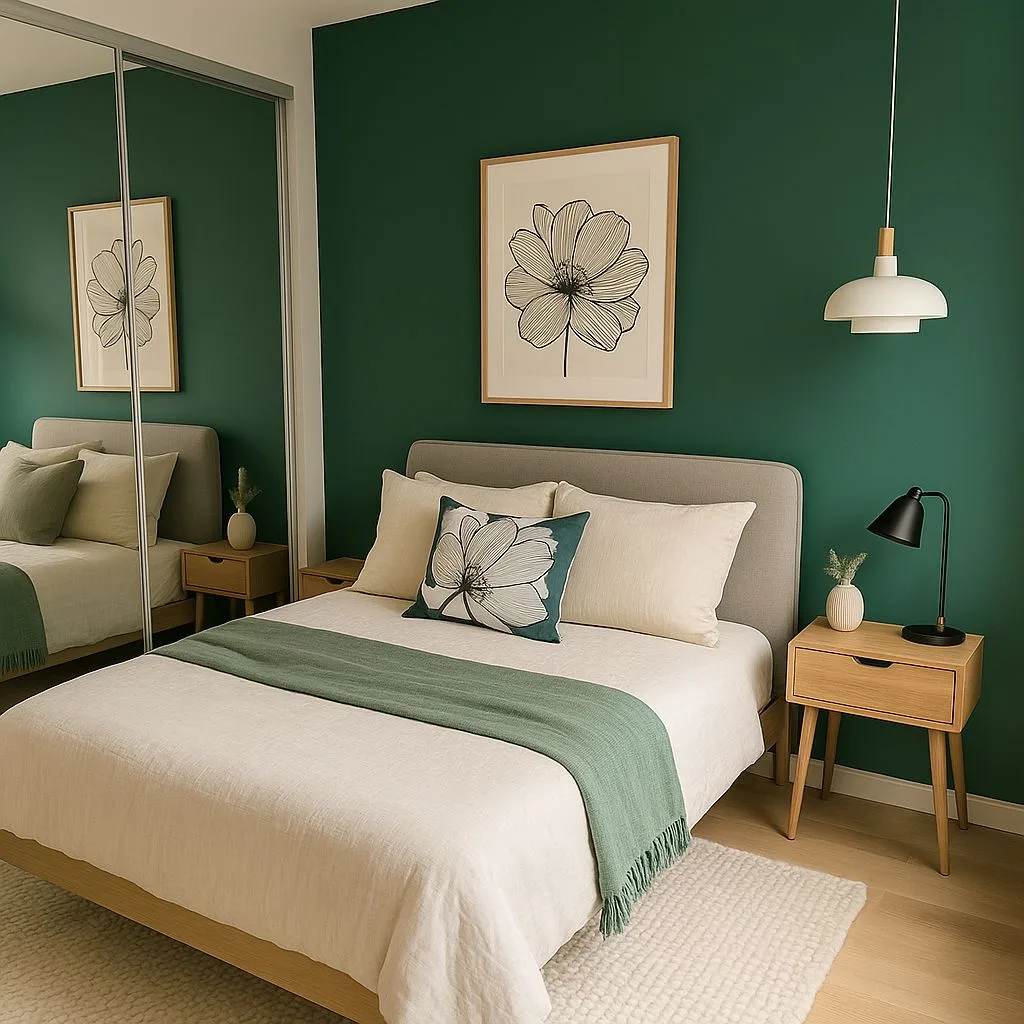 Scandinavian bedroom with forest green walls, light wood nightstands, linen bedding, floral print, white pendant lamp, photorealistic interior design photography, 8k