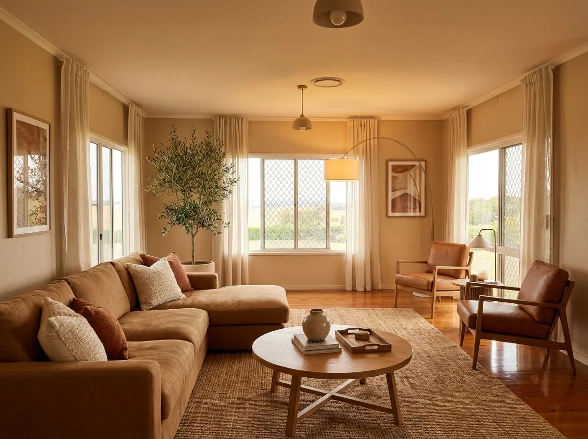 Neutral farmhouse living room with brown sectional sofa, jute rug, light wood coffee table, leather armchairs, sheer curtains, photorealistic interior design photography, 8k