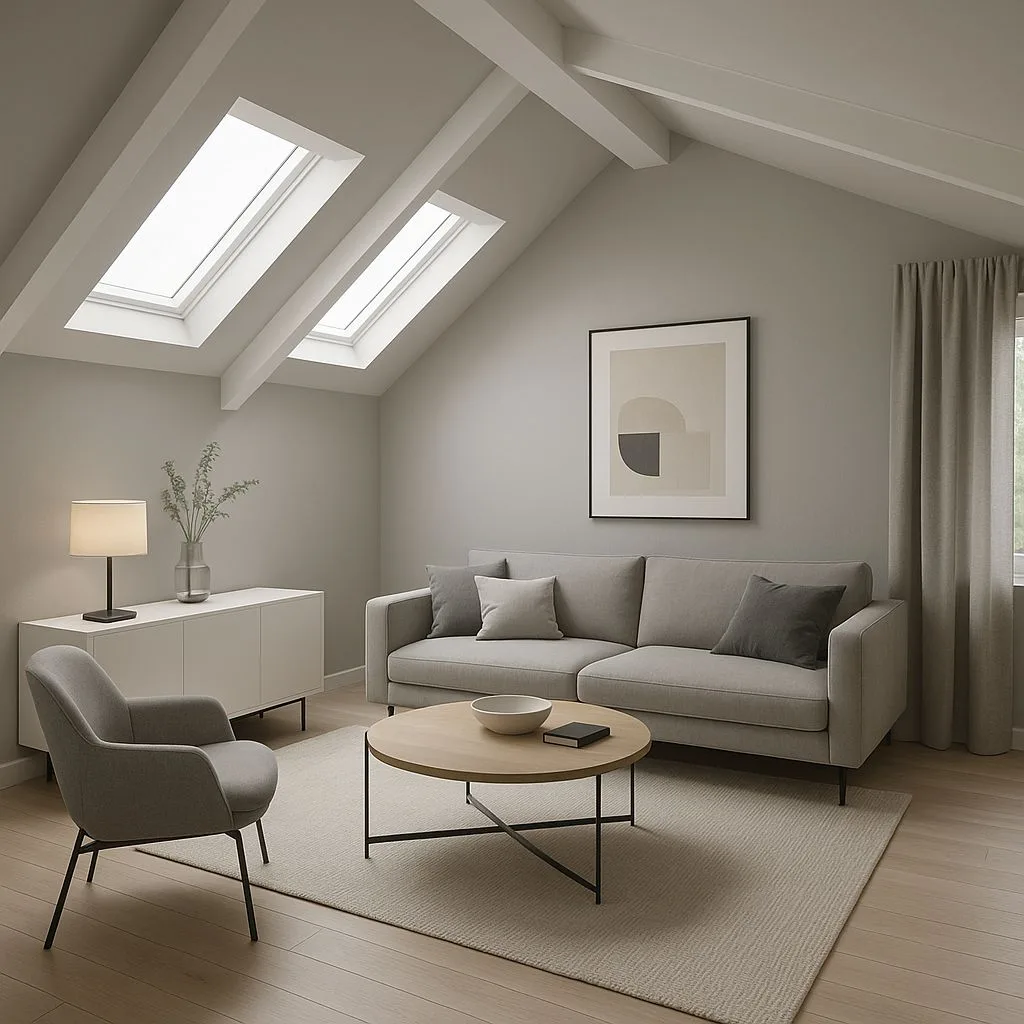 Scandinavian attic living room with light grey walls, skylights, grey sofa, round wood coffee table, neutral rug, photorealistic interior design photography, 8k