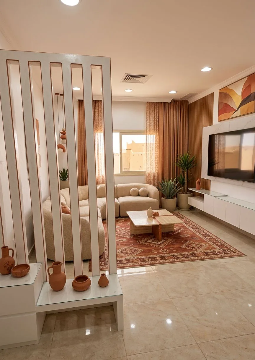 Contemporary living room with curved sectional sofa, terracotta patterned rug, white media console, wood slat wall, recessed lighting, photorealistic interior design photography, 8k