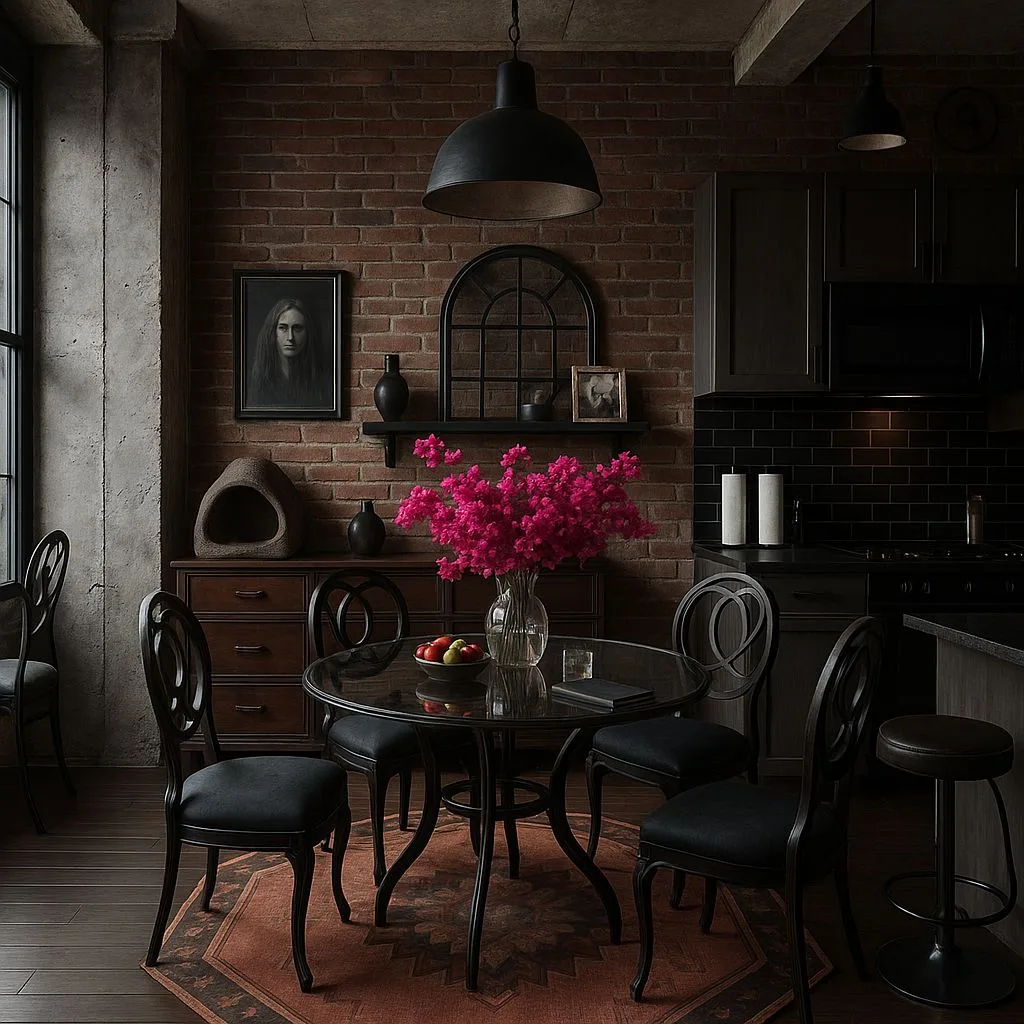 Industrial kitchen dining area with exposed brick, dark grey cabinets, black pendant, glass top table, pink flowers, photorealistic interior design photography, 8k