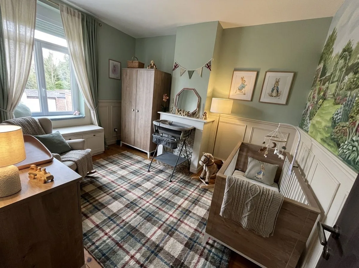 Traditional nursery with sage green walls, wood crib, plaid wool rug, white wainscoting, Peter Rabbit prints, photorealistic interior design photography, 8k