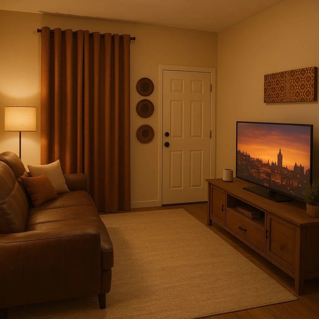 Transitional living room with brown leather sofa, wood media console, tan woven rug, terracotta curtains, floor lamp, photorealistic interior design photography, 8k