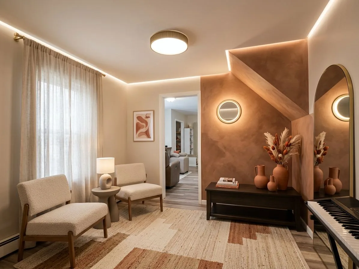 Modern eclectic living room with sherpa chairs, geometric rug, terracotta accent wall, black wood console, round sconce, photorealistic interior design photography, 8k