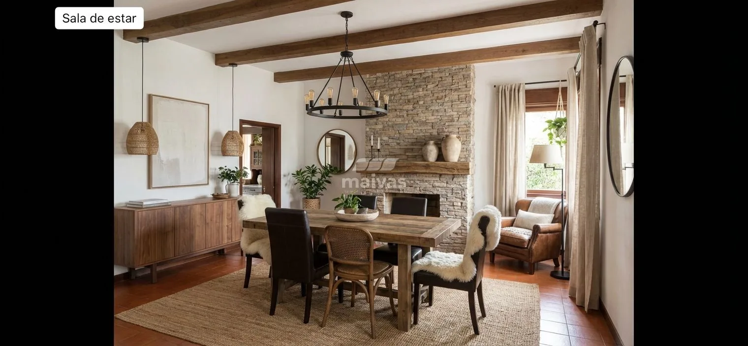 Rustic dining room with stone fireplace, exposed wood beams, reclaimed wood table, jute rug, sheepskin throws, photorealistic interior design photography, 8k