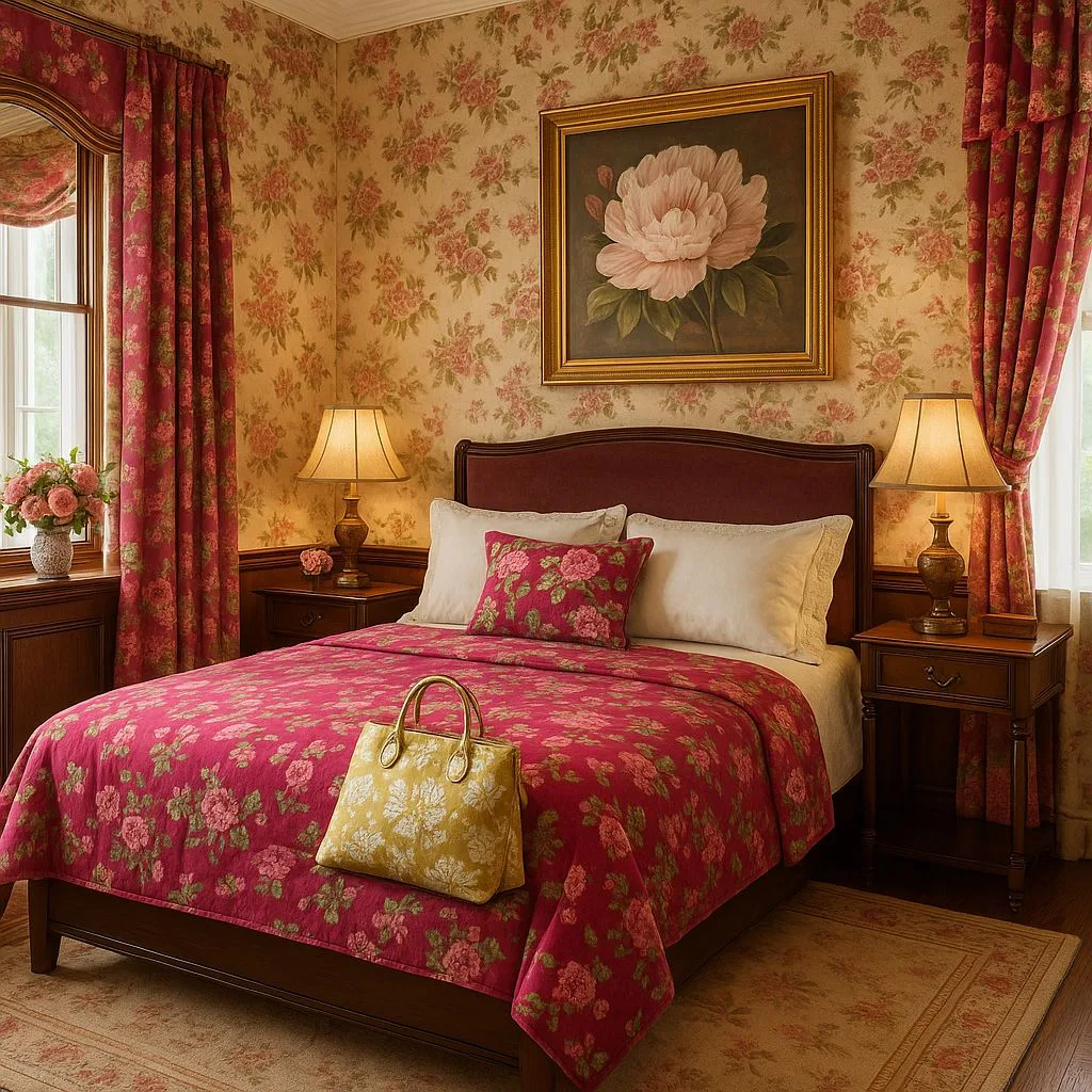 Traditional floral bedroom with pink rose wallpaper, dark wood nightstands, matching floral quilt, soft table lamps, framed flower art, photorealistic interior design photography, 8k