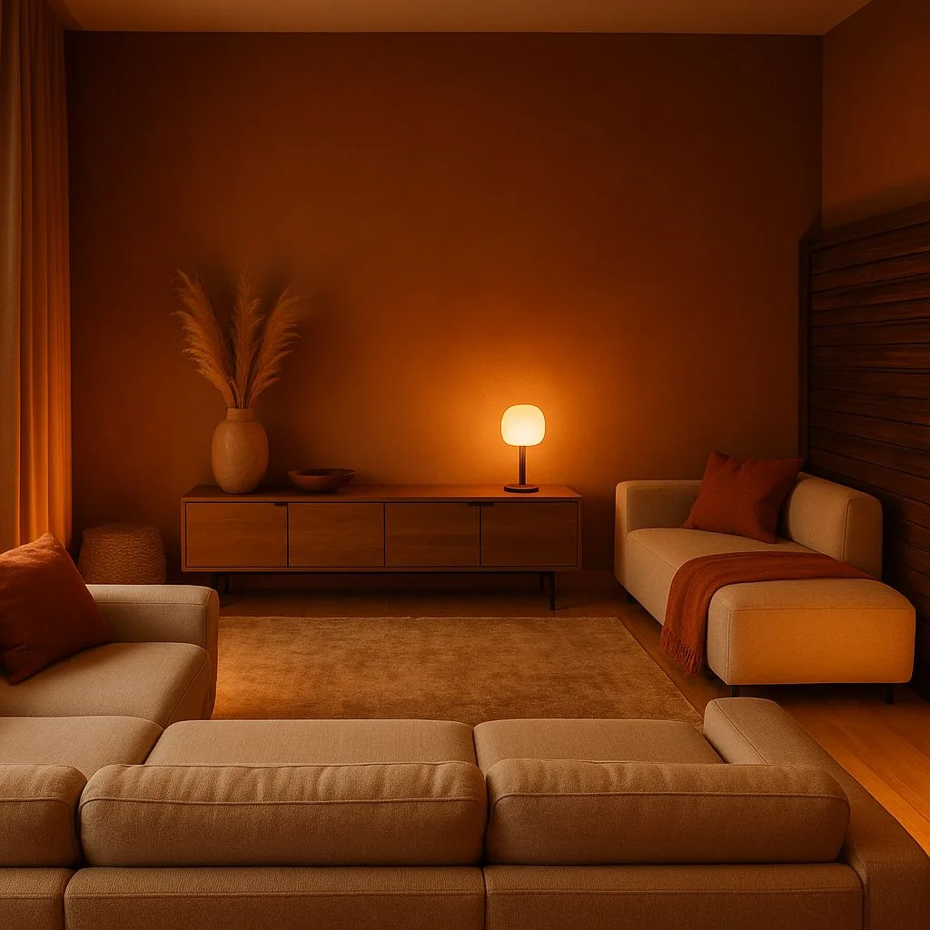 Minimalist living room with terracotta walls, modular beige sofa, wood media console, pampas grass, ambient table lamp, photorealistic interior design photography, 8k