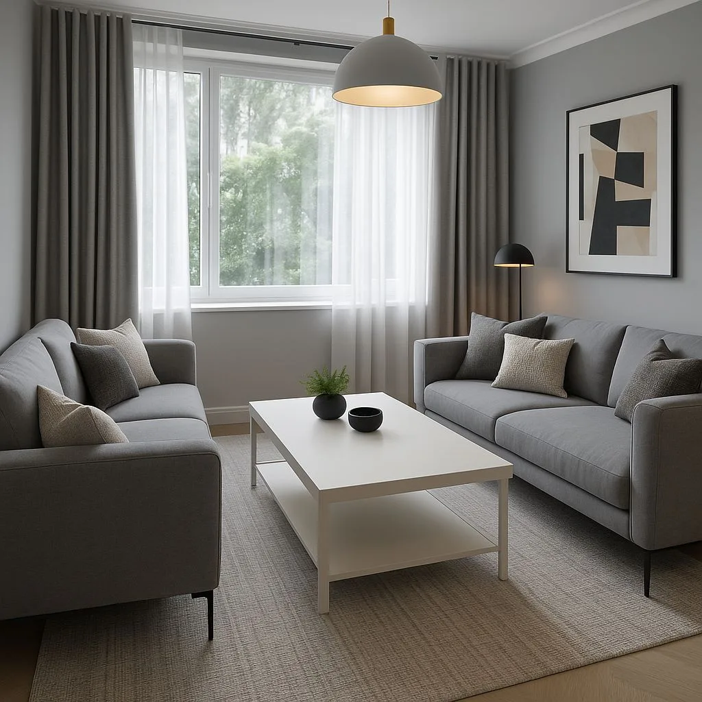 Modern neutral living room with gray sofas, white coffee table, light gray walls, sheer curtains, black floor lamp, photorealistic interior design photography, 8k