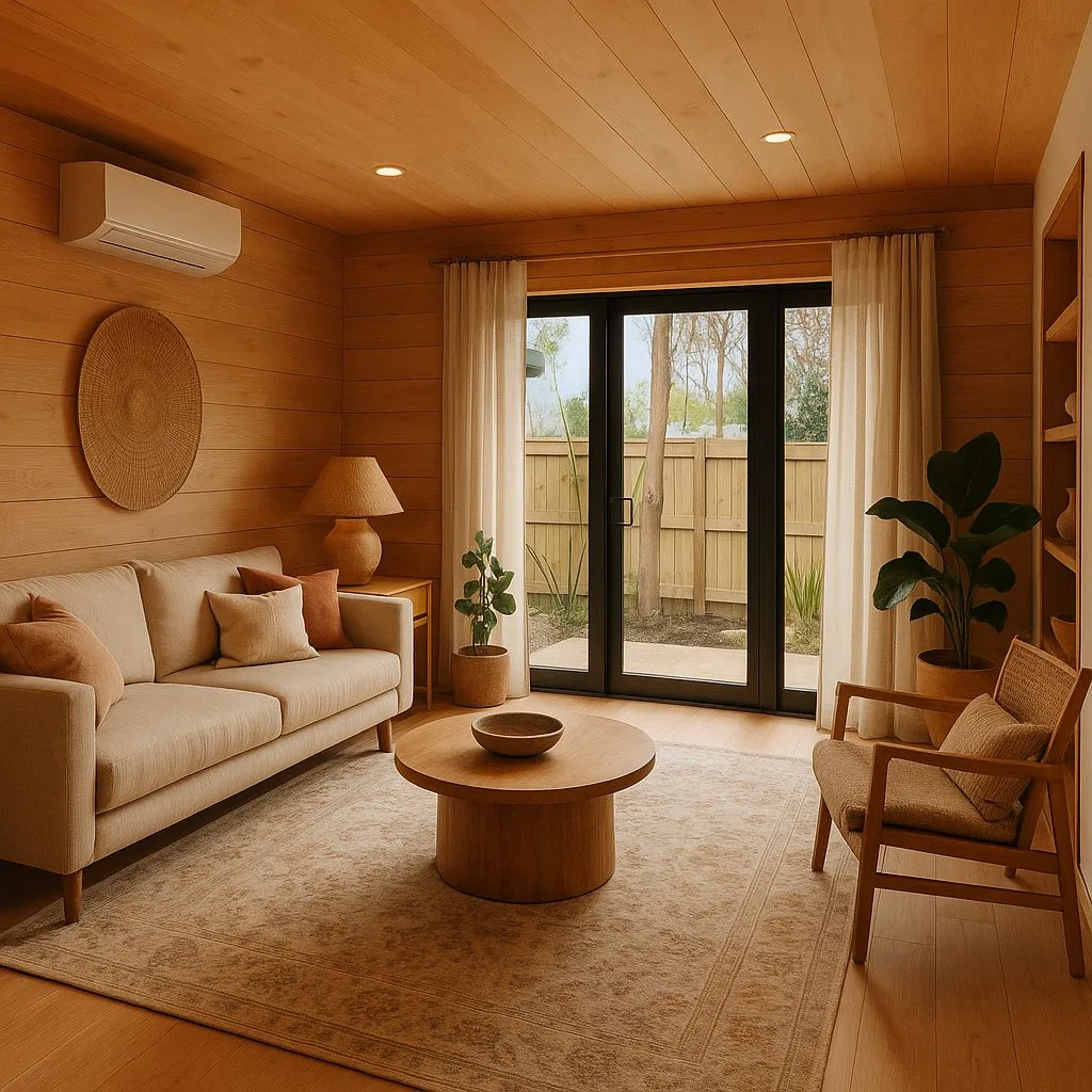 Warm minimalist living room featuring light wood walls, beige linen sofa, round wood coffee table, woven rug, sheer curtains, photorealistic interior design photography, 8k