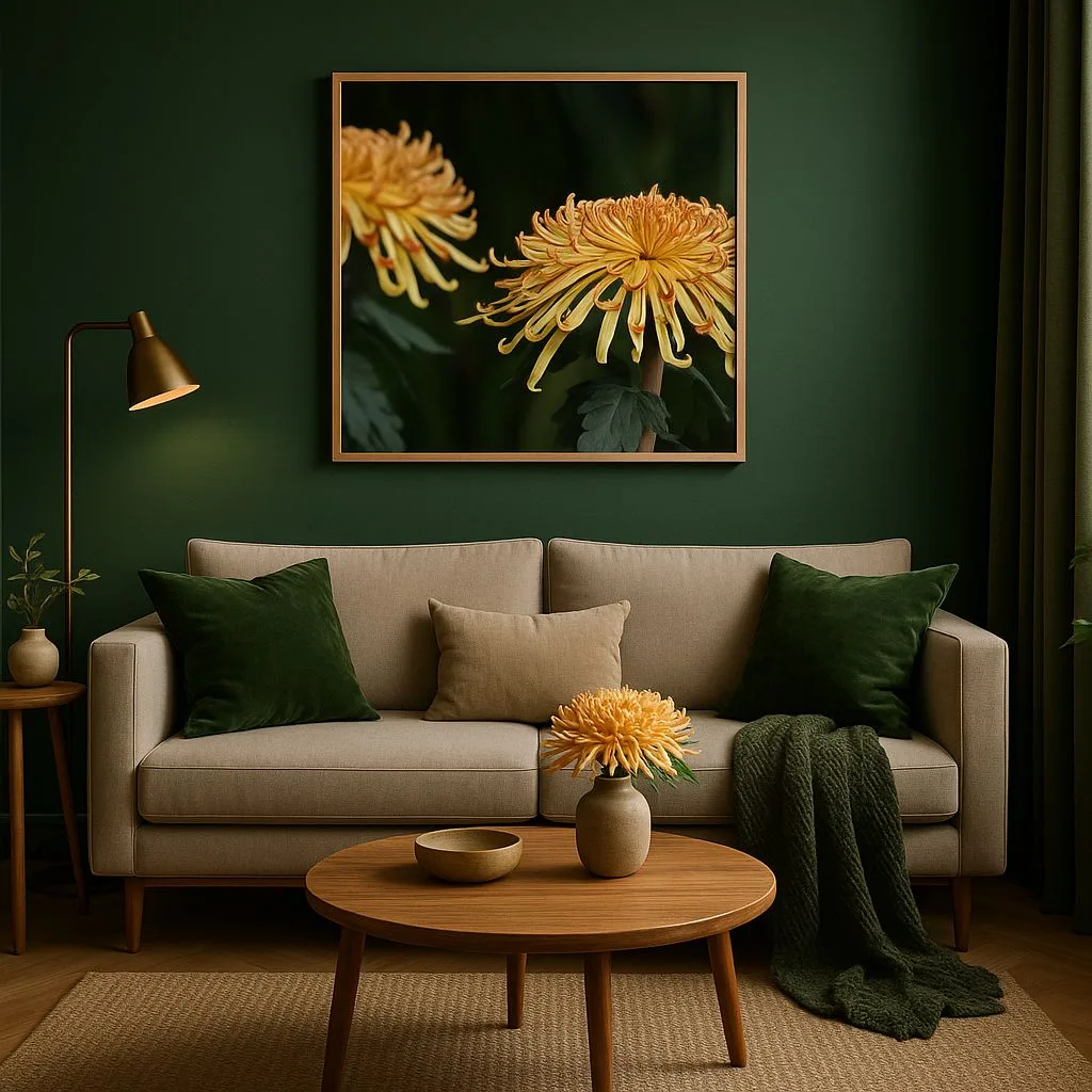Moody contemporary living room with dark green walls, beige linen sofa, green velvet pillows, round wood coffee table, brass floor lamp, photorealistic interior design photography, 8k