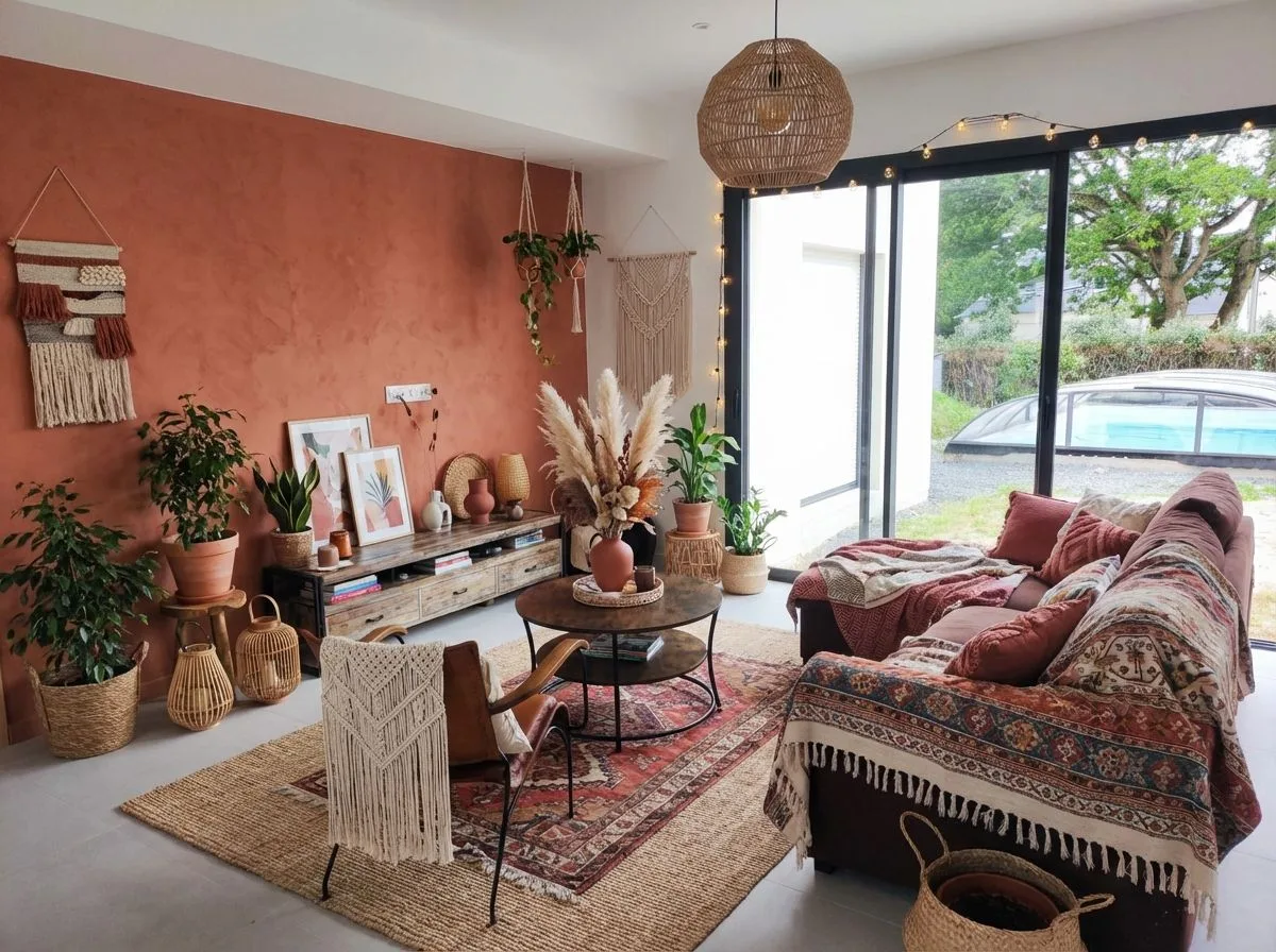 Warm bohemian living room with terracotta wall, jute rug, patterned textile sofa, rattan pendant, macrame wall hanging, photorealistic interior design photography, 8k