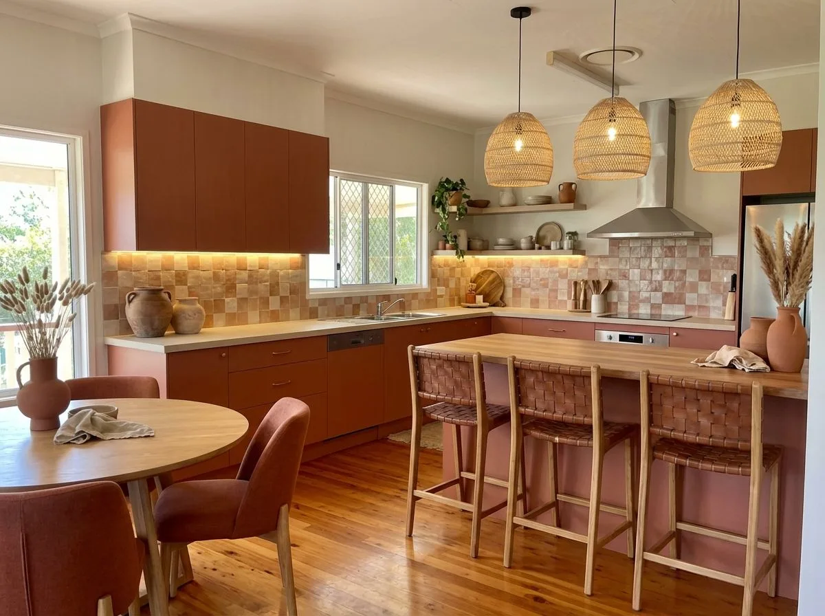 Warm terracotta kitchen with wood floors, matching cabinets, woven pendant lights, light wood island, woven leather barstools, bohemian decor, photorealistic interior design photography, 8k