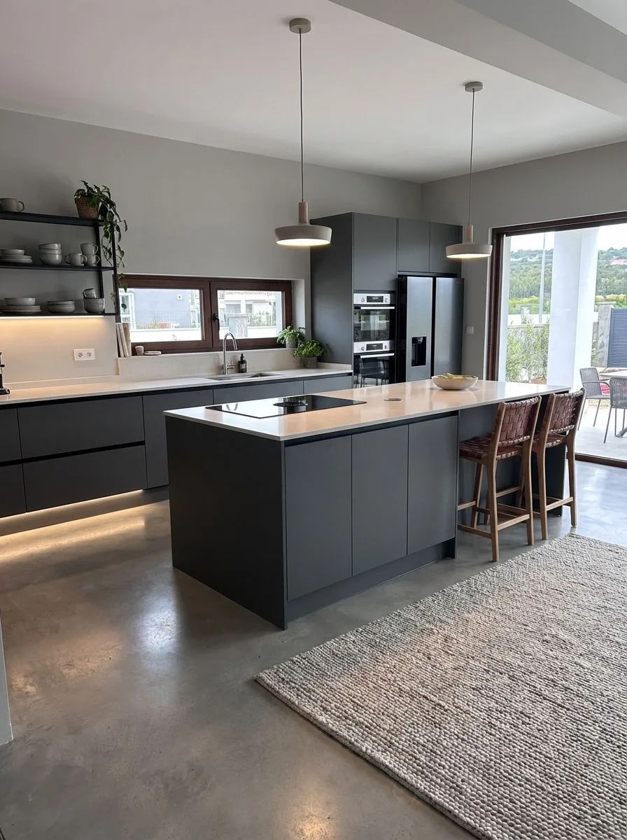 Modern minimalist kitchen with sleek grey cabinets, white countertops, concrete floors, woven rug, pendant lights, photorealistic interior design photography, 8k