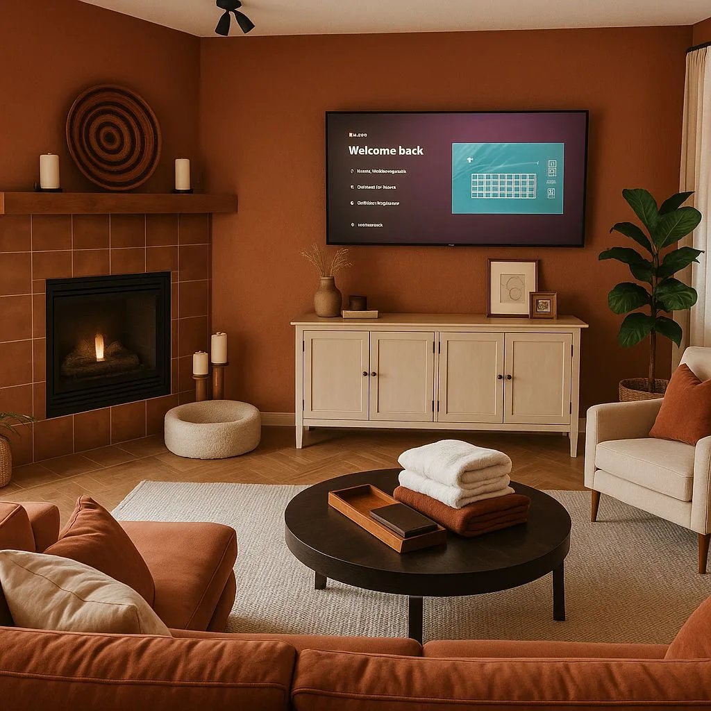 Transitional living room with terracotta walls, herringbone wood floors, cream linen sofa, black round coffee table, tiled fireplace, photorealistic interior design photography, 8k