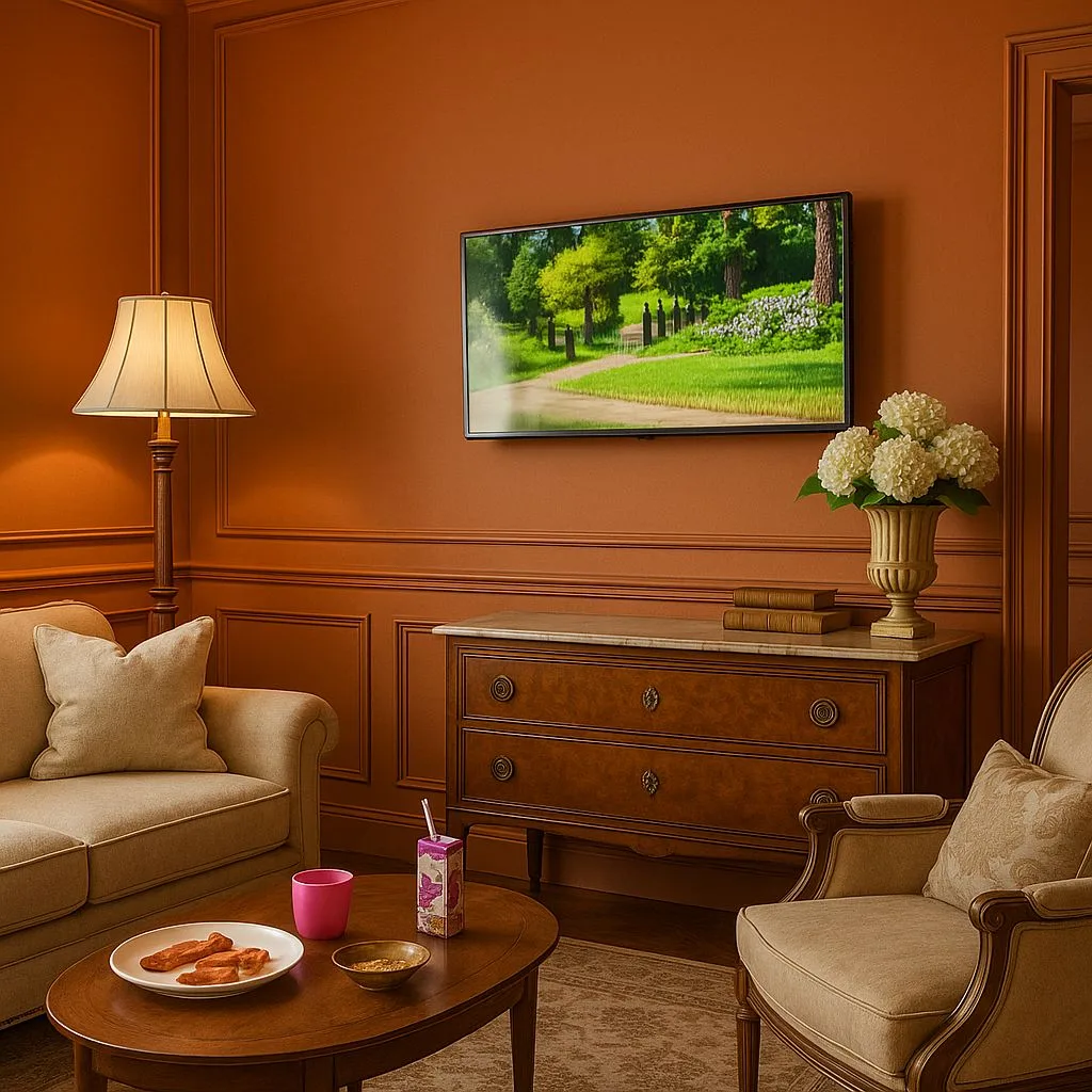 Traditional terracotta living room with wood trim, beige sofa, marble-topped dresser, patterned armchair, oval coffee table, floor lamp, photorealistic interior design photography, 8k