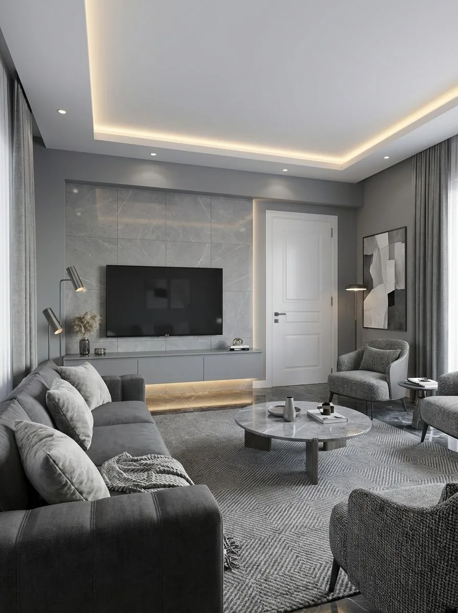 Modern minimalist living room with gray walls, marble accent wall, gray velvet sofa, round marble table, silver floor lamps, photorealistic interior design photography, 8k