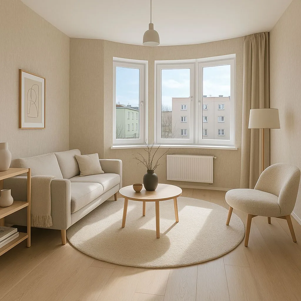 Neutral Scandinavian living room with beige linen sofa, light wood floors, round wool rug, minimalist artwork, floor lamp, photorealistic interior design photography, 8k