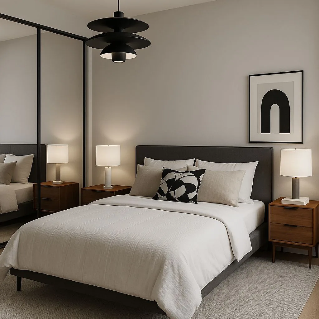 Modern minimalist bedroom with gray upholstered bed frame, white linen bedding, wood nightstands, black disc pendant, graphic art, photorealistic interior design photography, 8k