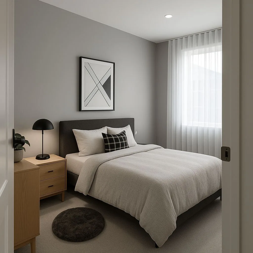 Minimalist modern bedroom with light gray walls, upholstered headboard, linen bedding, sheer curtains, wood nightstand, black table lamp, photorealistic interior design photography, 8k
