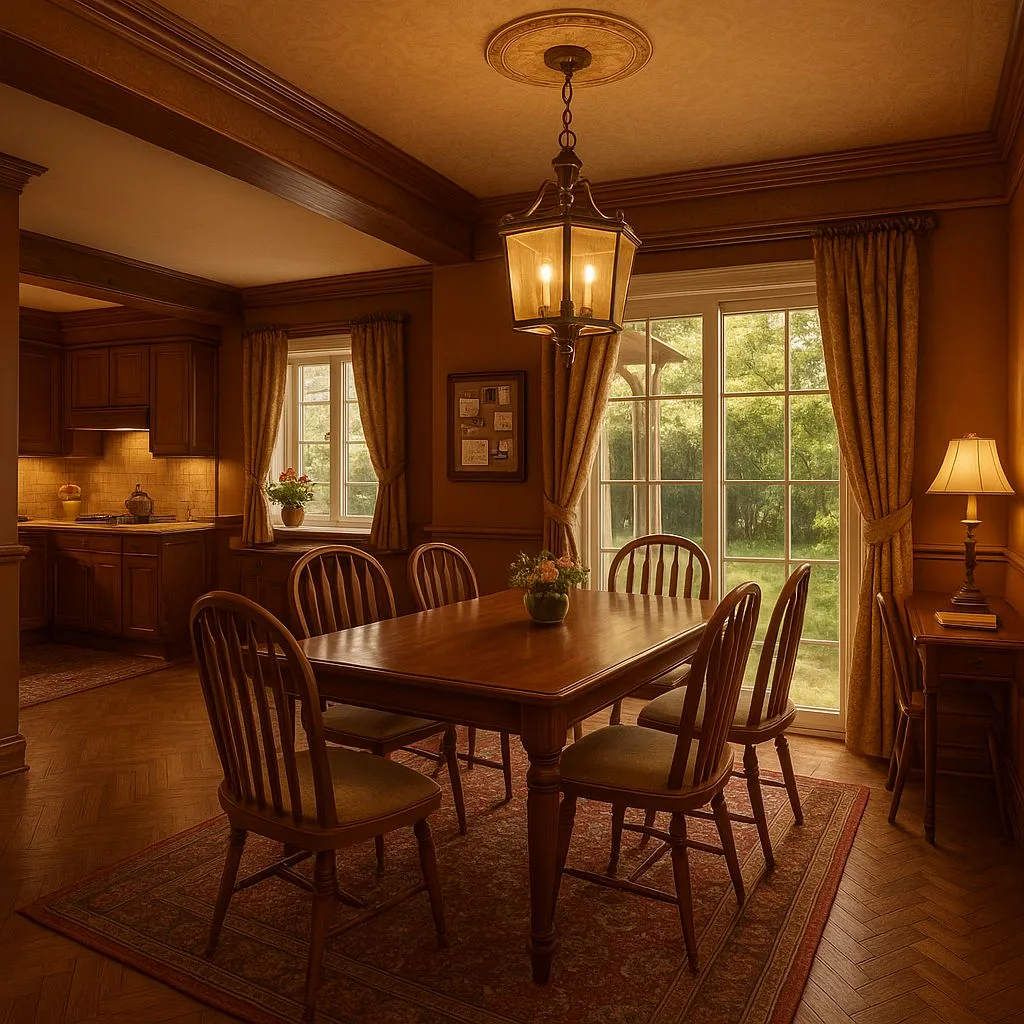 Traditional dining room with dark wood table, Windsor chairs, herringbone floors, lantern pendant, gold drapes, photorealistic interior design photography, 8k
