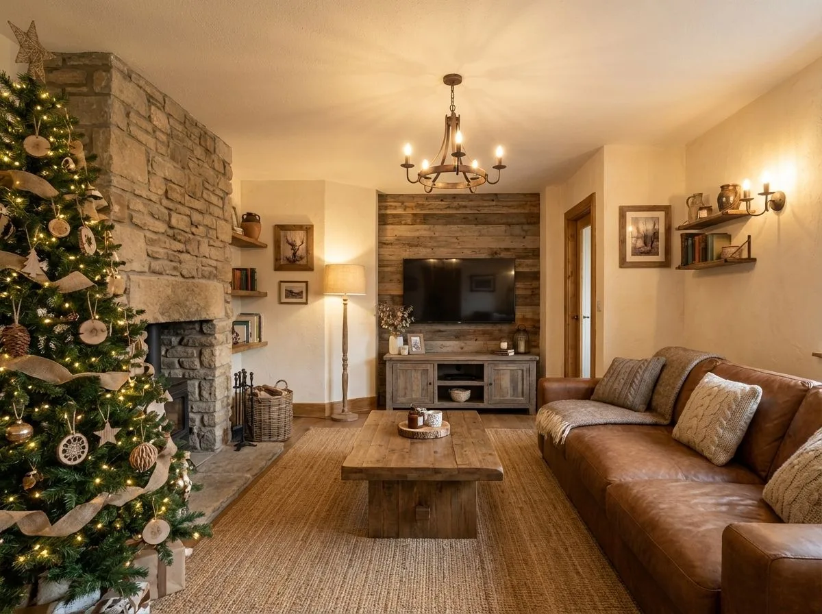 Rustic living room with stone fireplace, reclaimed wood wall, brown leather sofa, wooden coffee table, jute rug, photorealistic interior design photography, 8k
