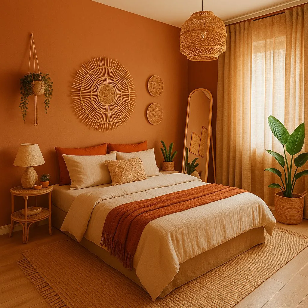 Bohemian bedroom with terracotta walls, rattan pendant, woven wall decor, linen duvet, jute rug, full length mirror, photorealistic interior design photography, 8k