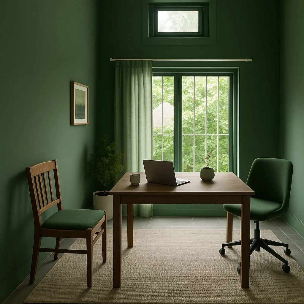 Contemporary home office with forest green walls, wood desk, linen curtains, neutral rug, potted plant, photorealistic interior design photography, 8k