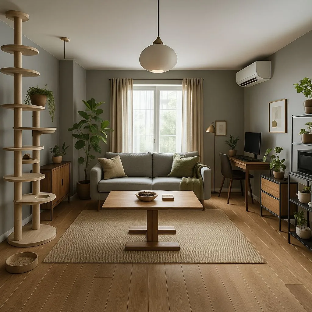 Neutral Scandinavian living room with light grey walls, oak floors, jute rug, wood desk, modern cat tree, photorealistic interior design photography, 8k