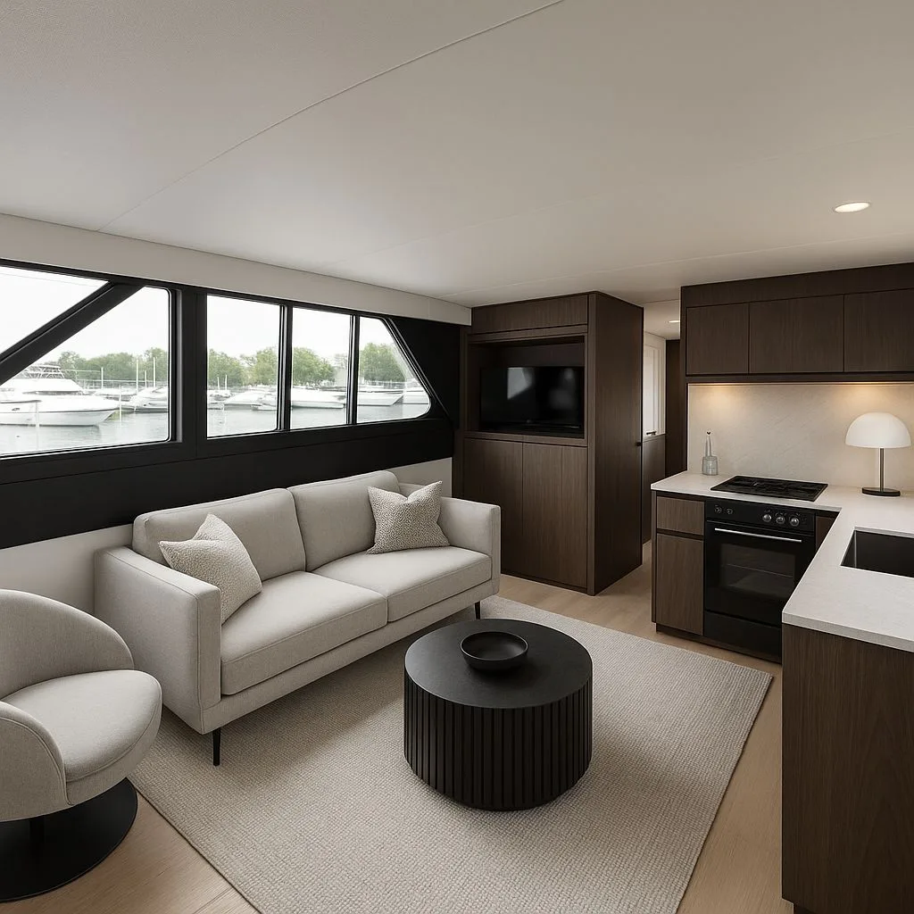 Modern yacht interior with light wood floors, neutral linen sofa, dark wood cabinetry, black window frames, round coffee table, photorealistic interior design photography, 8k
