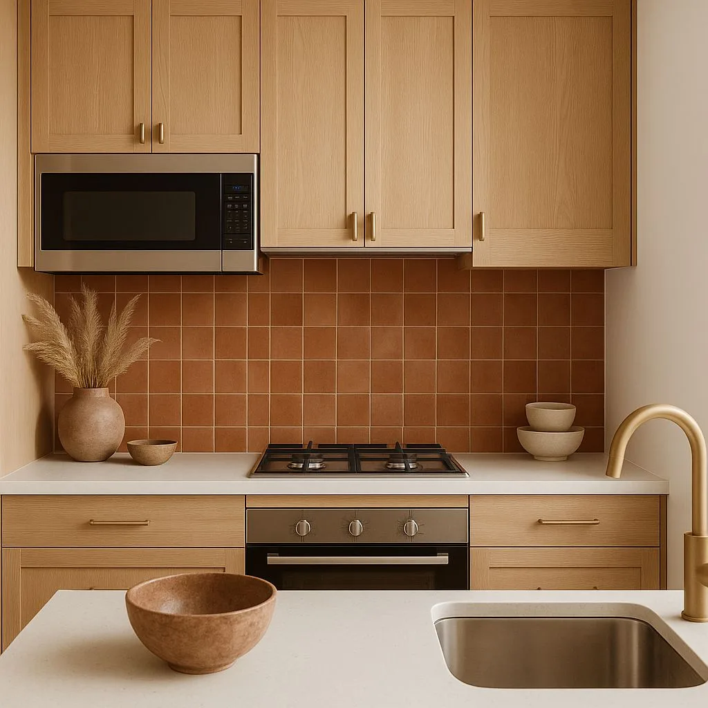 Modern kitchen with light wood cabinets, brass hardware, terracotta backsplash, white quartz countertop, stainless steel sink, photorealistic interior design photography, 8k