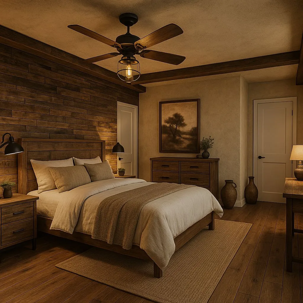 Rustic bedroom with wood paneling, beige walls, wood bed frame, linen bedding, woven rug, black sconces, photorealistic interior design photography, 8k