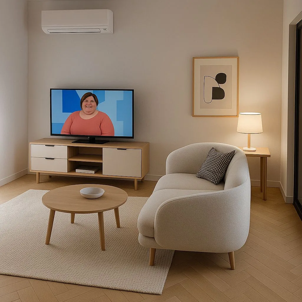 Minimalist Scandinavian living room with light wood floors, cream boucle sofa, round oak coffee table, oak media console, linen table lamp, photorealistic interior design photography, 8k