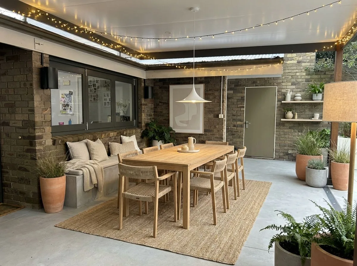 Contemporary outdoor dining area with brick walls, light wood table and woven chairs, jute rug, concrete floors, string lights, photorealistic interior design photography, 8k
