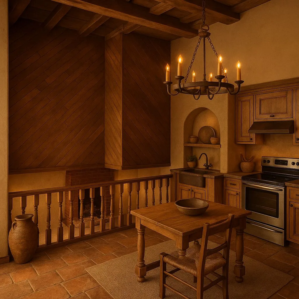 Rustic Mediterranean kitchen with warm brown wood cabinets, terracotta tile floors, exposed wood beam ceiling, iron chandelier, stone backsplash, photorealistic interior design photography, 8k