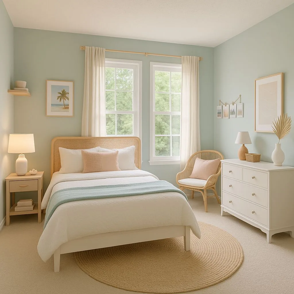 Coastal bedroom with mint green walls, rattan bed frame, white linen bedding, jute rug, white dresser, photorealistic interior design photography, 8k