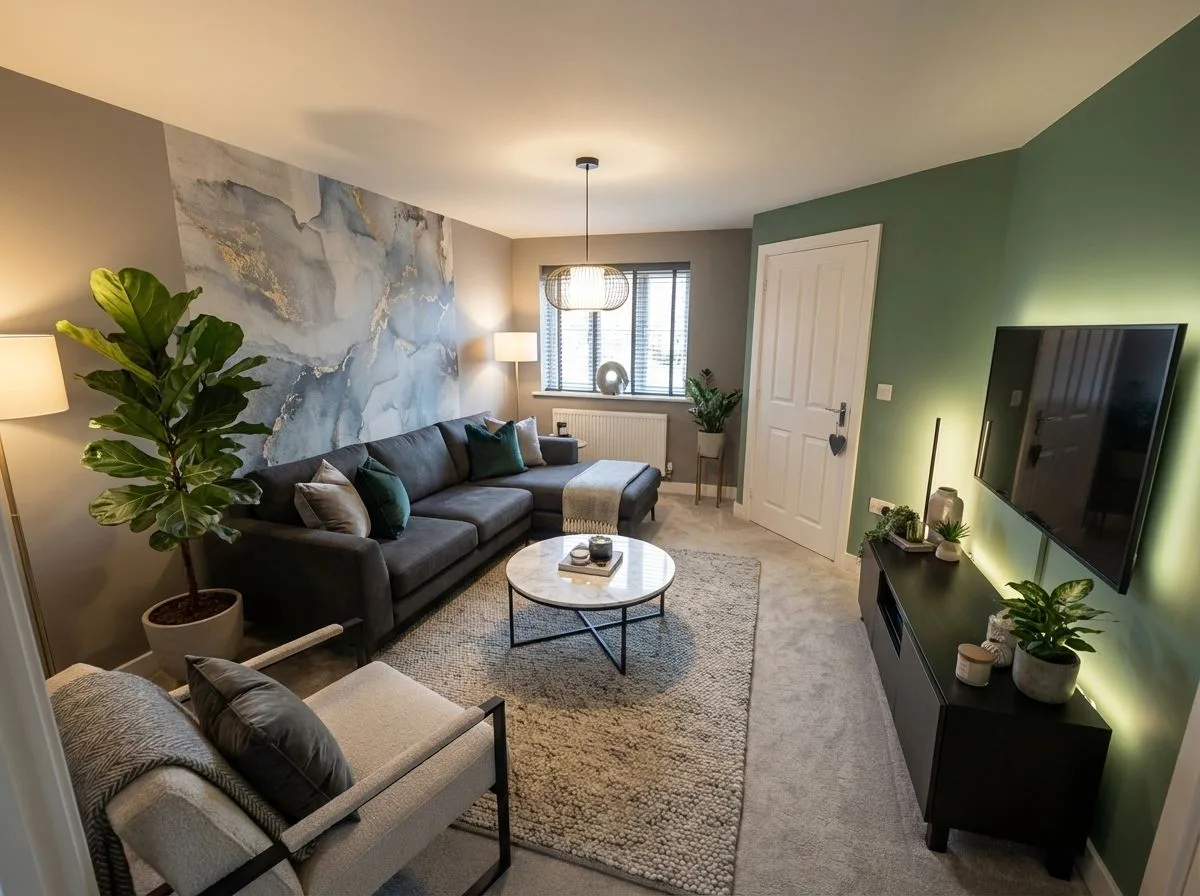 Contemporary living room with grey sectional, marble coffee table, blue and gold accent wall, green accent wall, black media console, photorealistic interior design photography, 8k