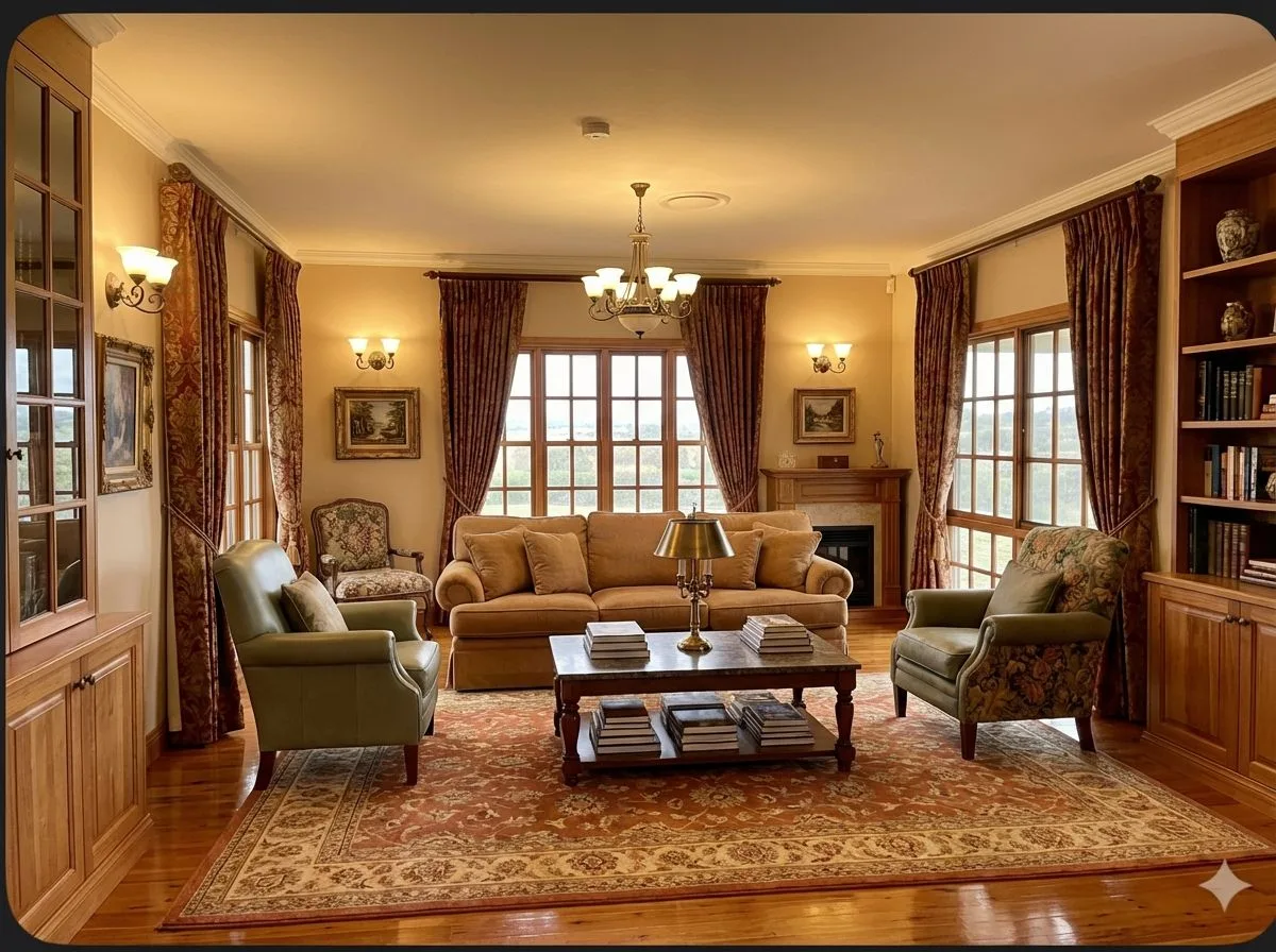 Traditional living room with beige walls, wood floors, oriental rug, tan sofa, green armchairs, patterned drapes, chandelier, photorealistic interior design photography, 8k