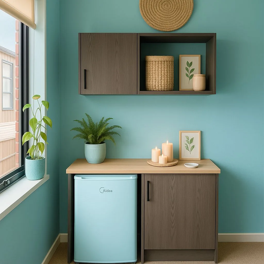 Modern teal kitchenette with wood grain cabinets, light wood countertop, retro blue mini fridge, woven basket, framed botanical prints, photorealistic interior design photography, 8k