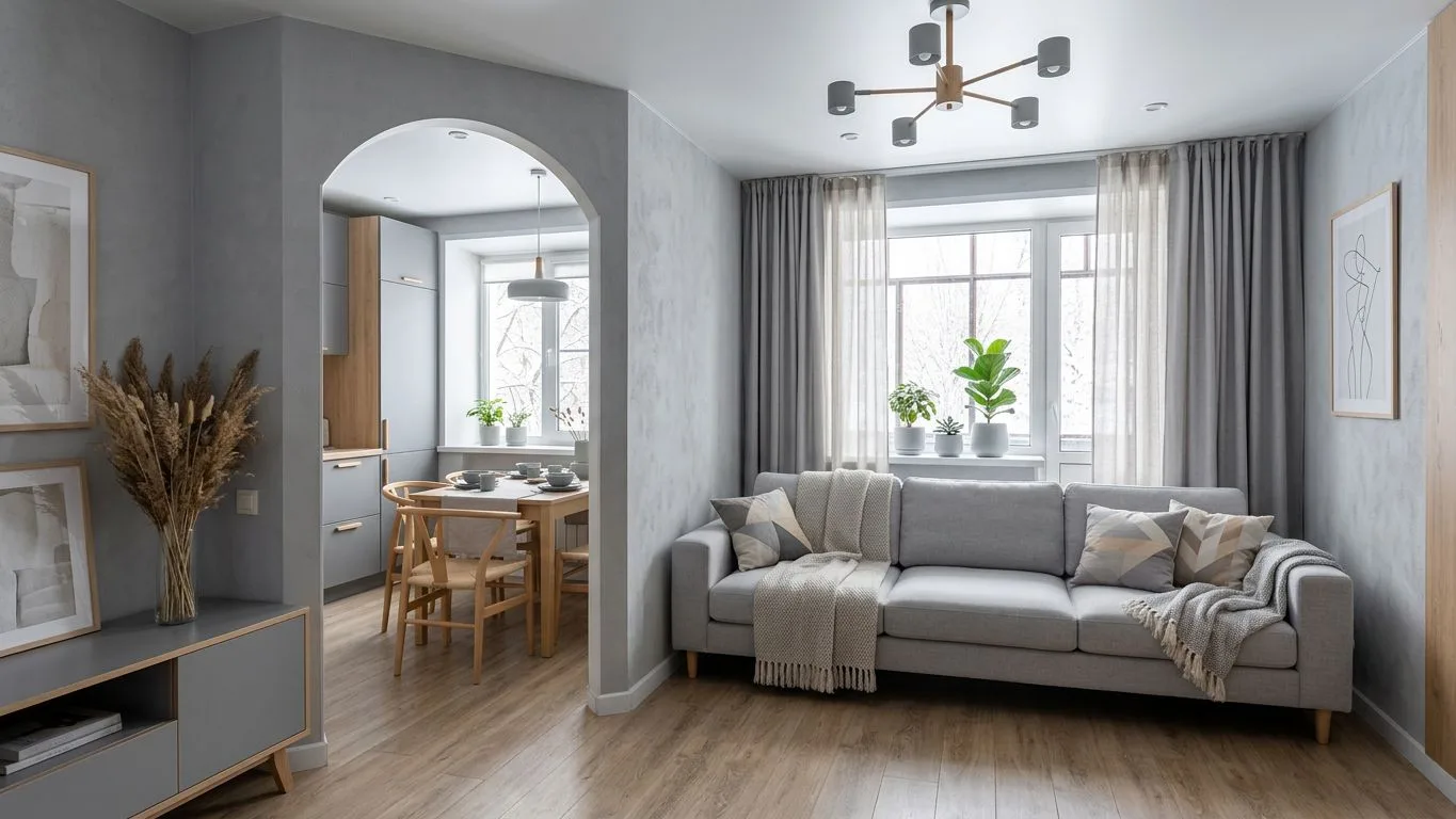 Scandinavian open concept living room with light grey walls, wood floors, light wood dining set, neutral sofa, modern chandelier, photorealistic interior design photography, 8k