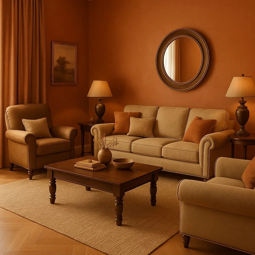 Traditional living room with terracotta walls, beige linen sofa, dark wood coffee table, round brass mirror, table lamps, photorealistic interior design photography, 8k